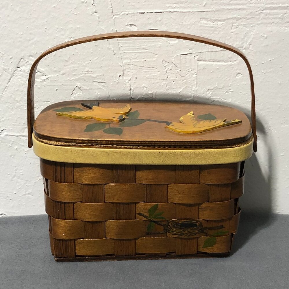Vintage Wooden Sewing Basket Purse Hinged Top Yellow Birds Nature